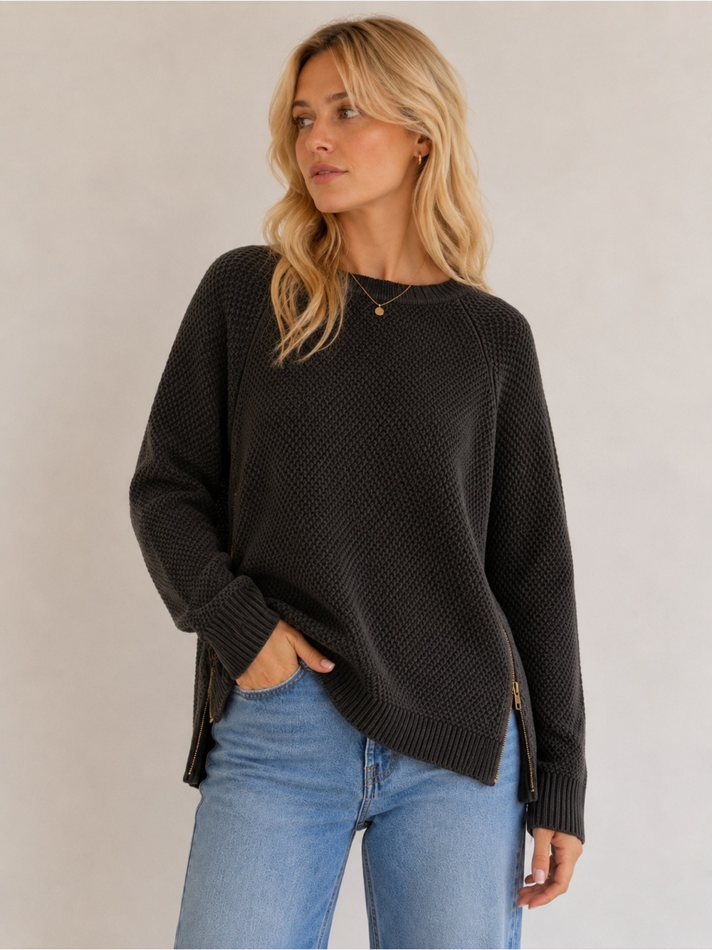Urban Outfitters Distressed Black Knit Crewneck Sweater with Side Zipper